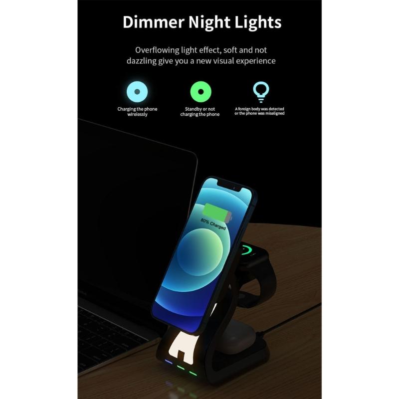 Magnetic Wireless Charging Station ABS Texture Suitable for Phone Watch Earphone Fast 15W Charging Built In Night Light