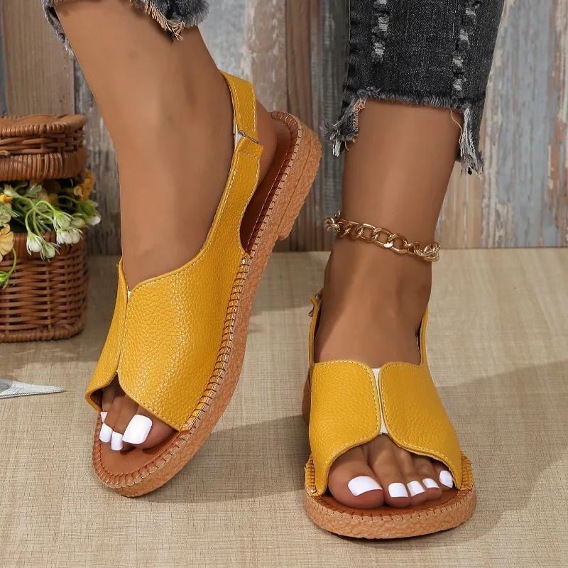 

Модные женские сандалии 2025 Новые в римском стиле Высокое качество Летняя легкая дизайнерская обувь Ретро пряжка Пляжные сандалии для женщин 40 жёлтый