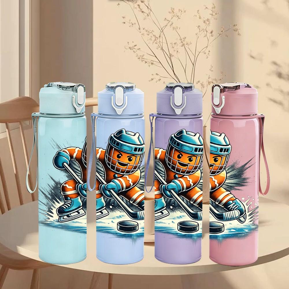 1PC Ice Hockey Player Sport Cartoon 750ml Color Plastic Sports Water Bottle Leakproof Flip Straw Lid Suitable for Sports Office Home Use