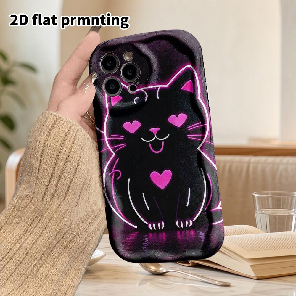 Phone Case: 2D Flat Design Suitable for iPhone 18, 17, 16, 15, 14, 13 Pro Film Protective Case, Couple Style, Line Art Black Cat, Christmas and Hallow