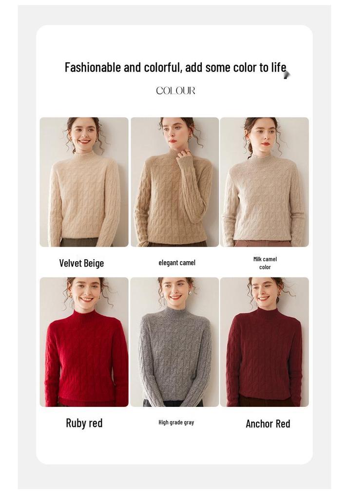 Women's Petite Cashmere Knit Sweater - Mid-High Neck, Thick, Loose Fit, Autumn/Winter 2024