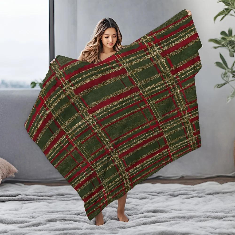 Burgundy Green Plaid Fleece Blanket, Gold Thread Accents in Classic Checkered Pattern, Cozy Reading Nook Throw for Sofa