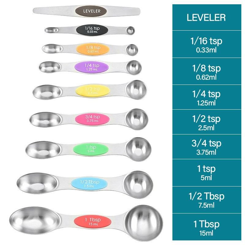 Juego de 9 Piezas de Cucharas Medidoras de Acero Inoxidable con Succión Magnética Cuchara Dosificadora de Gramos con Báscula Cuchara Medidora Herramienta de Horneado LS007