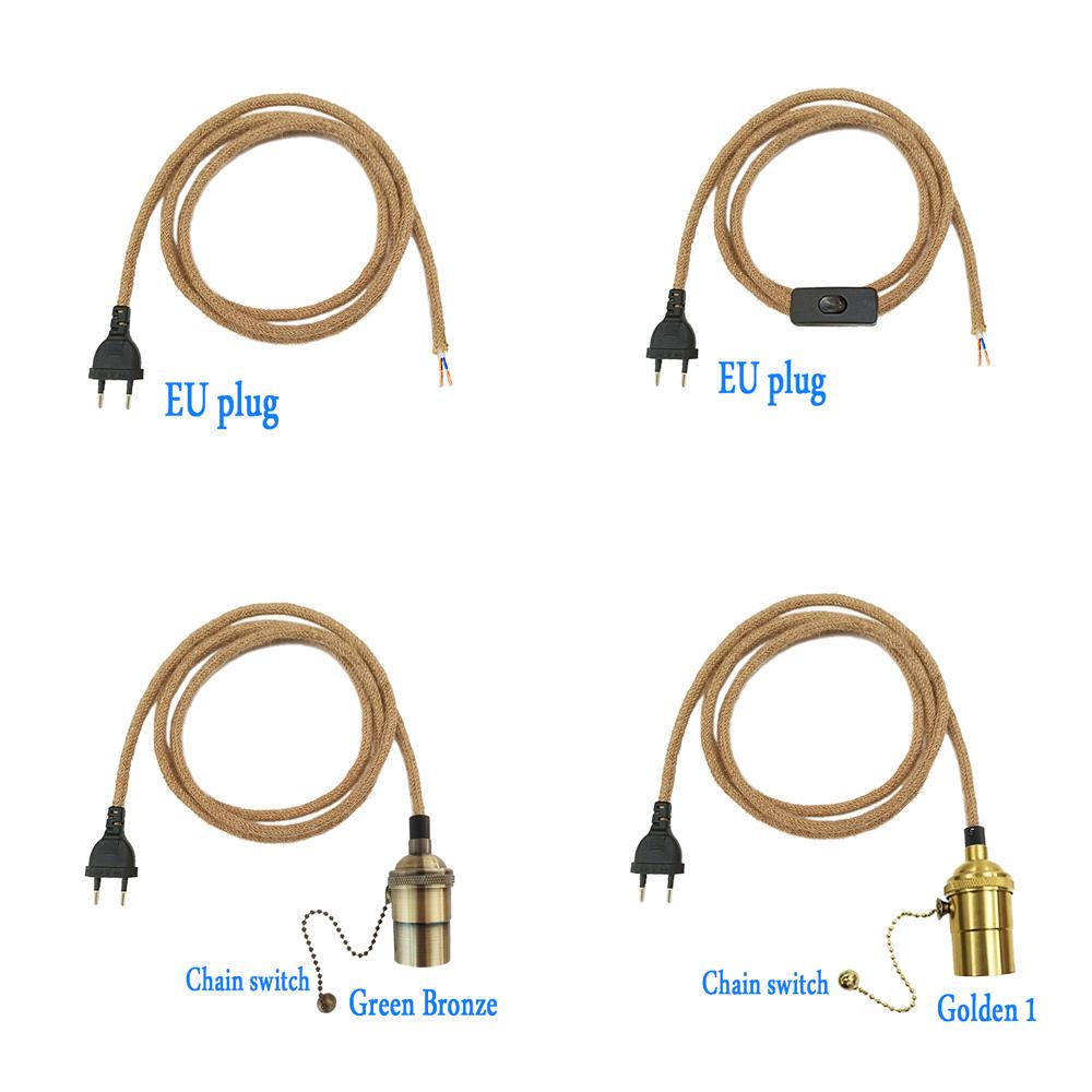 Retro Power Cords Hemp Rope Twiste Cable 2m 3m EU Plug with E26 E27 Vintage Lamp Bulb Holder for Hanging Lights
