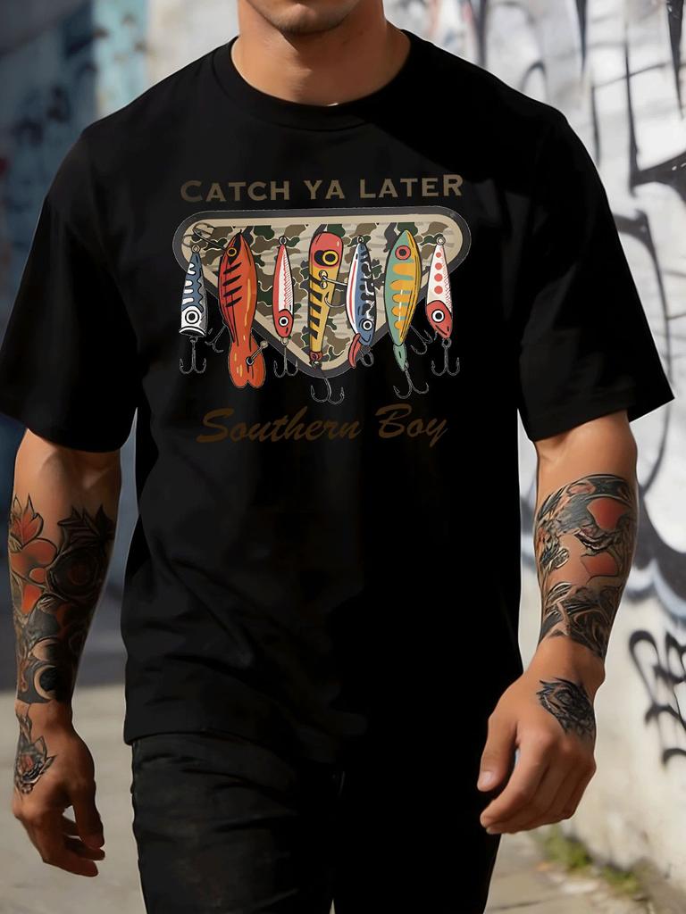 Unisexs FisherUnisex Short Sleeve Tee Vintage Fish Lure Southern Boy Print White Crew Loose Soft Outdoor Summer Daily Casual Wear Top