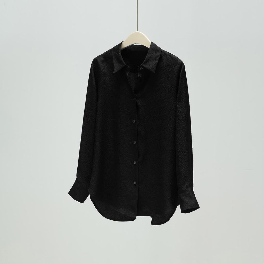 Elegant Women's Jacquard Silk Blouse - Long Sleeve Solid Mulberry Silk Top for Spring 2026