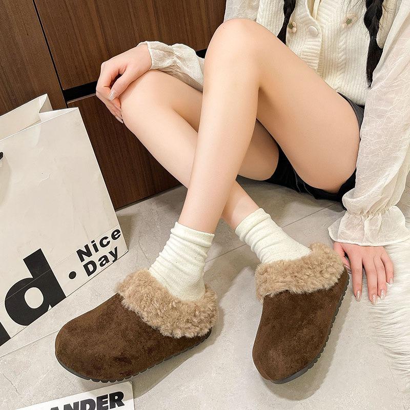 Autumn and Winter Wear Retro Bag Head Half Slippers Women's Thick Bottom Warm Plush Cotton Slippers