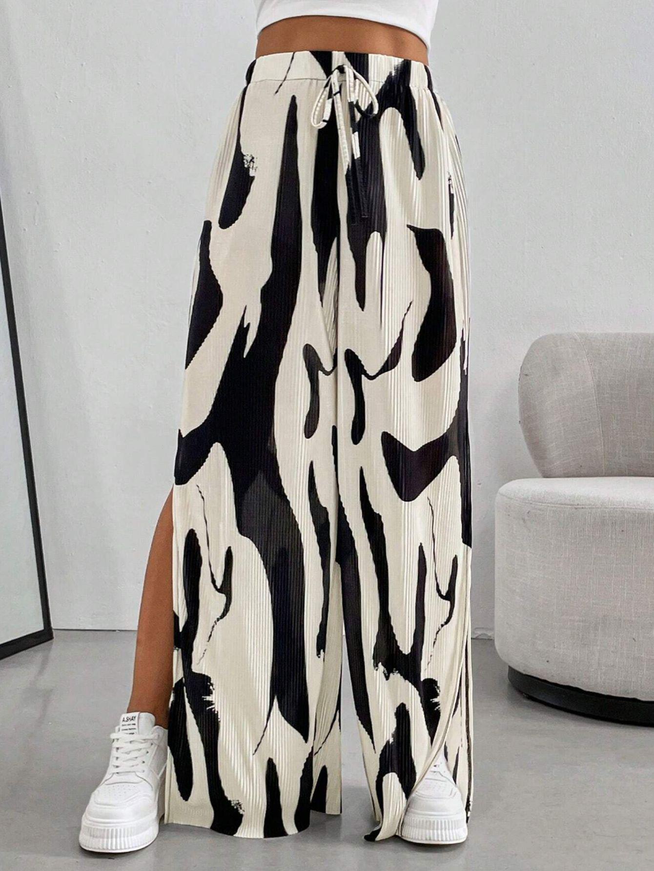 

2025 Summer Bohemian Color Block Wide-Leg Pants with High Side Slit for Women S брудно-білий