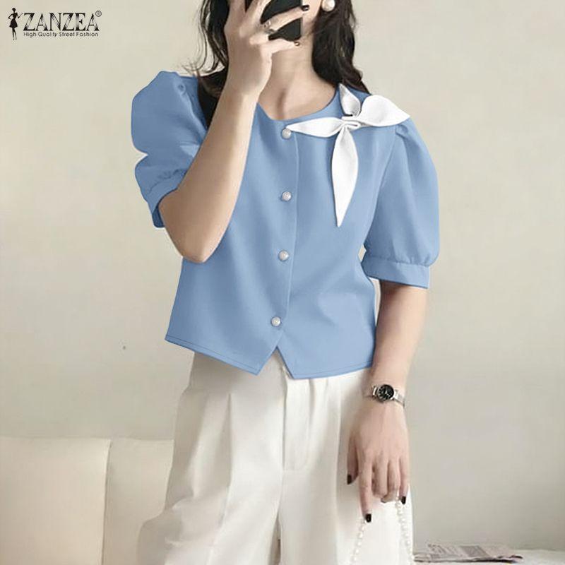 ZANZEA Women Casual Round Neck Summer Short Sleeve Blouse