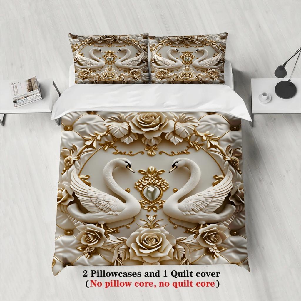 Luxury 3pcs Queen King Full Size Bedding Sets 3D Printed Swans For Couples Gifts Soft White Duvet Cover With 2 Pillowcases