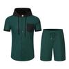 Men's Color Block Hooded Short Sleeve Cardigan Jacket and Shorts Set for Summer