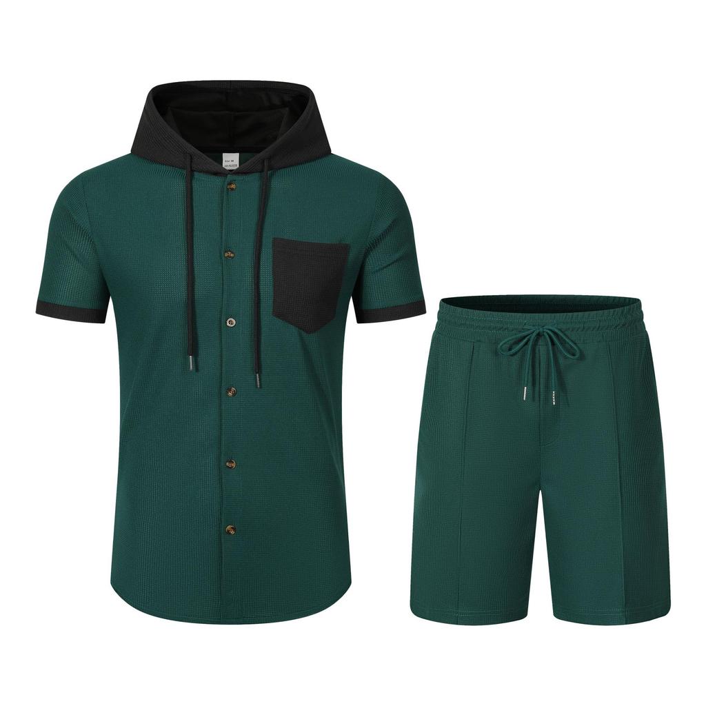 Men's Color Block Hooded Short Sleeve Cardigan Jacket and Shorts Set for Summer