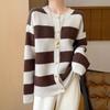 2024 Women's Color Block Pure Wool Knit Cardigan - Casual Round Neck, Loose Fit with Button Closure