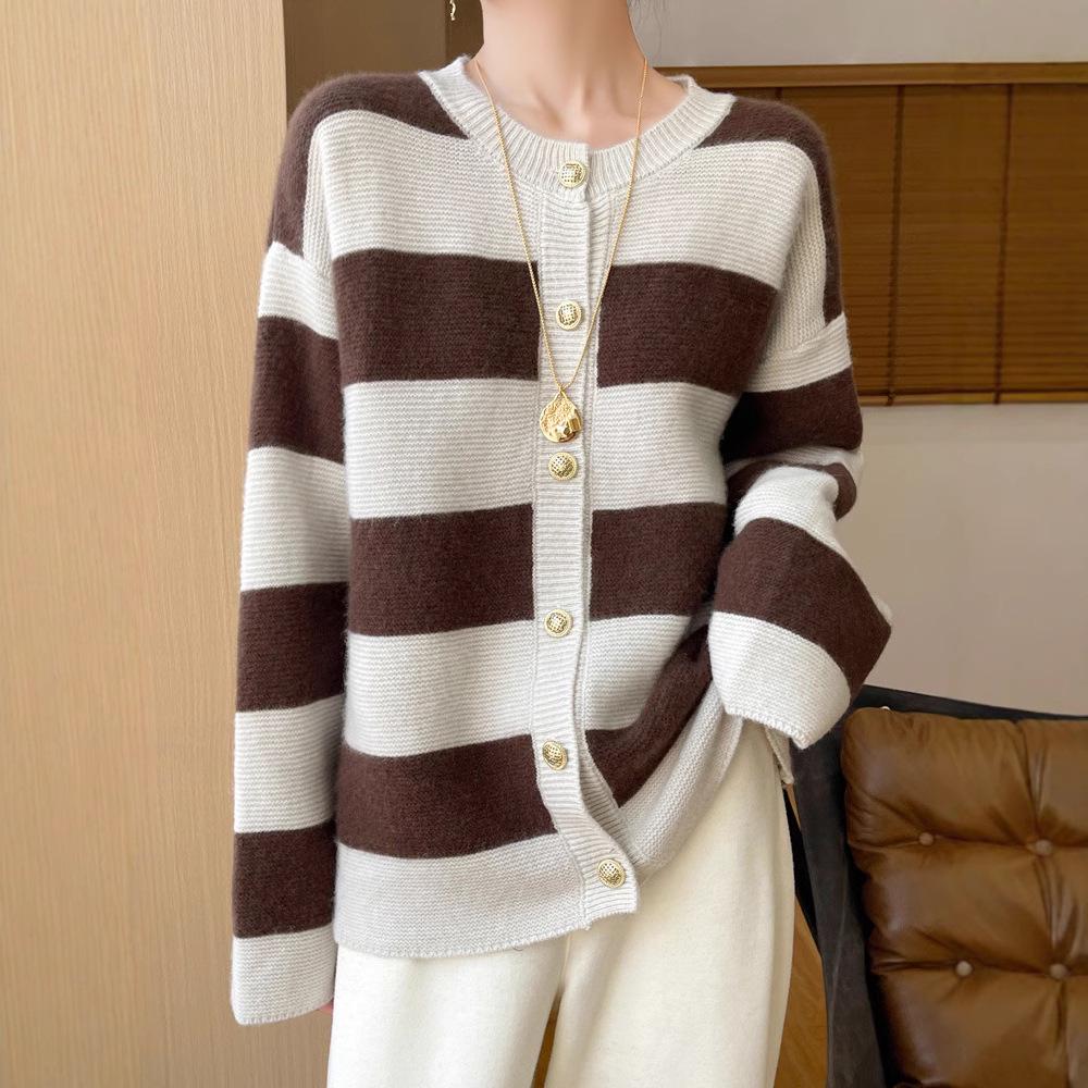 2024 Women's Color Block Pure Wool Knit Cardigan - Casual Round Neck, Loose Fit with Button Closure