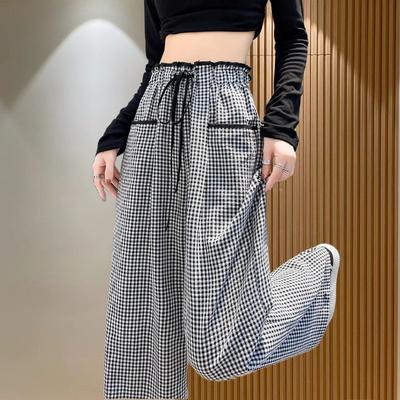 Women's Autumn and Winter Plaid Lace-up High-waisted, Slimming, Versatile, Casual, Drape, Fashionable Wide-leg Pants