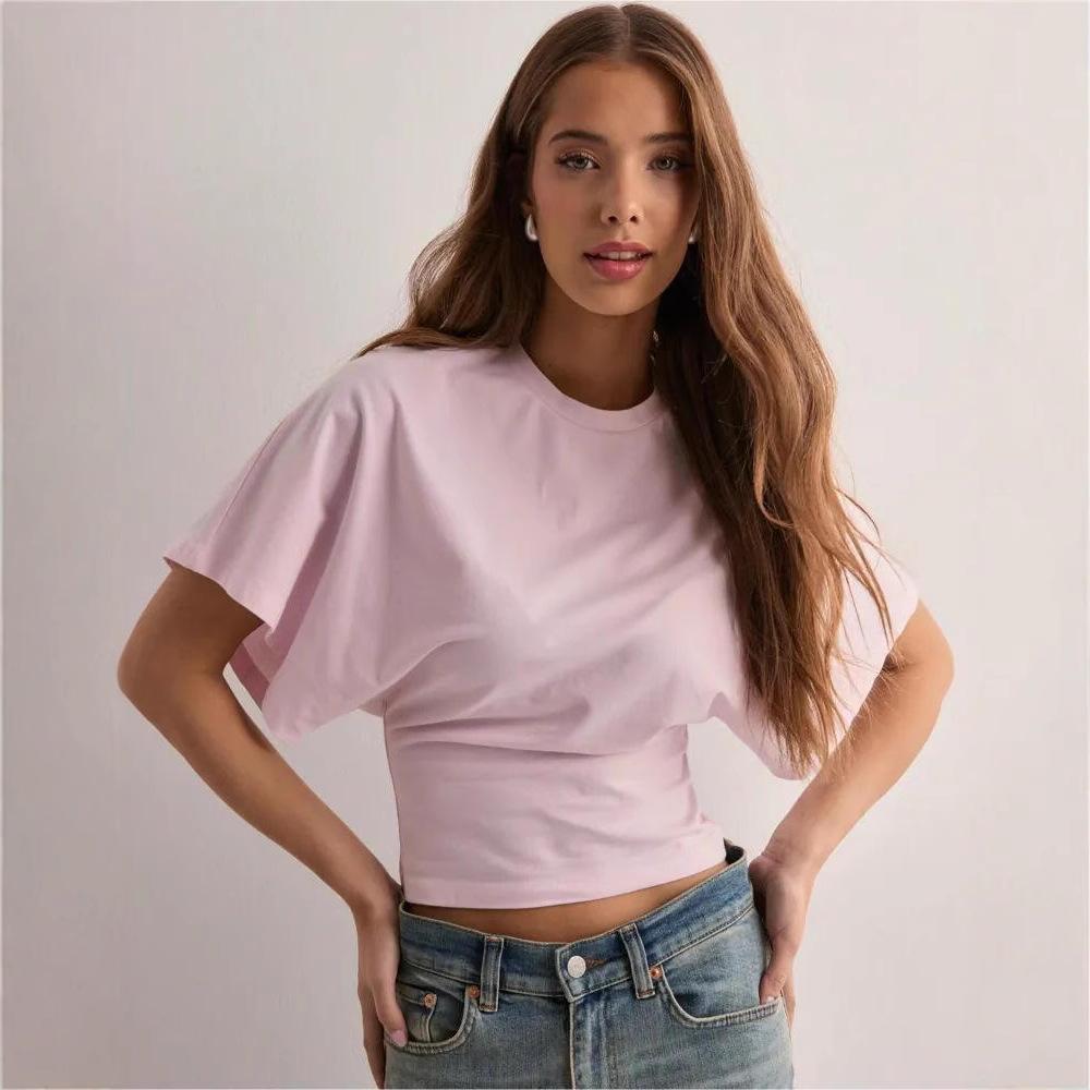 Women's Solid Color Crew Neck Batwing Short Sleeve Cropped T Shirt Casual Loose Fit Basic Blouse Top