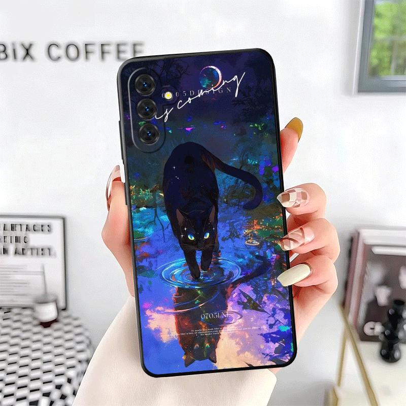 Night Moon Cat Dreamy Art Soft Phone Case for Samsung A17 A37 A57 A16 A26 A36 A56 A15 A25 A35 A55 A14 A24 A34 A54 A13 A23 A33 A5