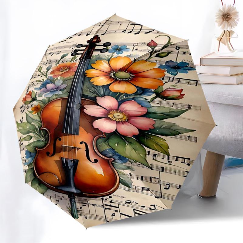 1pc Musical Violin Flowers Sheet Music Artwork Umbrella with Plastic Handle,Suitable for All Seasons Home Travel Outdoor Umbrellaptys31070