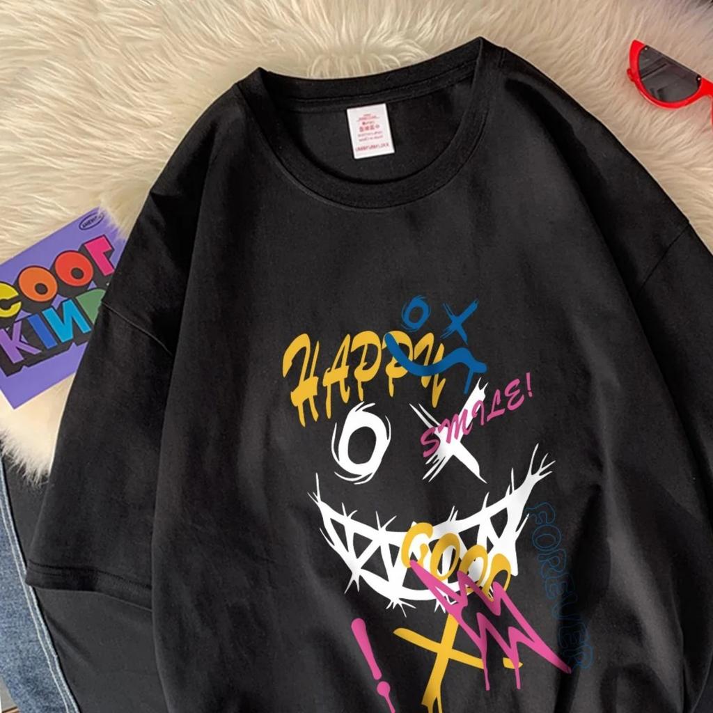 Korean Version Happy Letter Color Graphics Print Tshirts Leisure Home Short Sleeve Tee Loose High Quality Unisex Clothes Classic