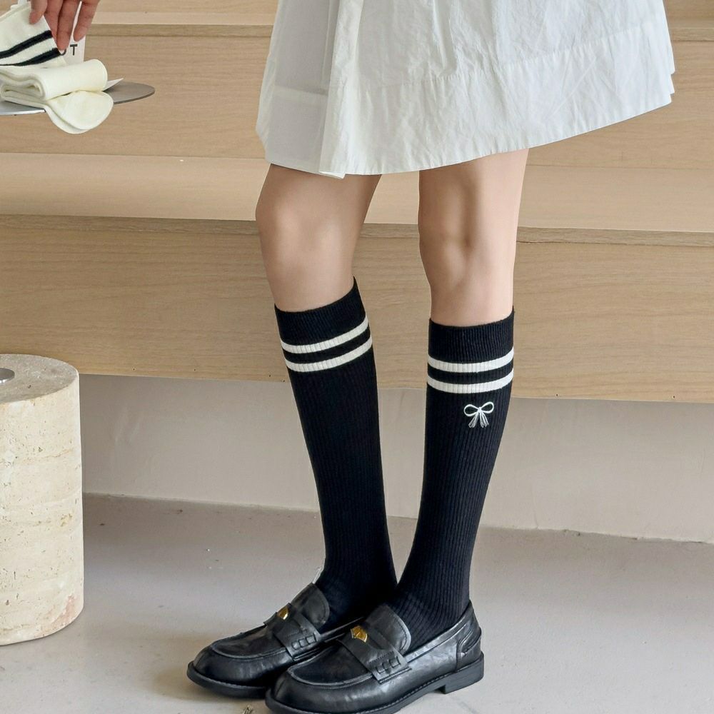 JK Academy Bowknot Calf Socks | Micro-Compression Slimming Double-Stripe Embroidery Ladies' Knee-High Slouch Socks - Simple Style