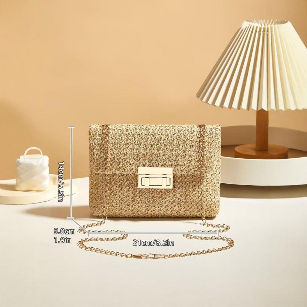 Sweet Style, Straw Weaving, Chains, Single-shoulder Bags, Crossbody Bags, Summer, Double-lock, Ladies, Handbag Bags