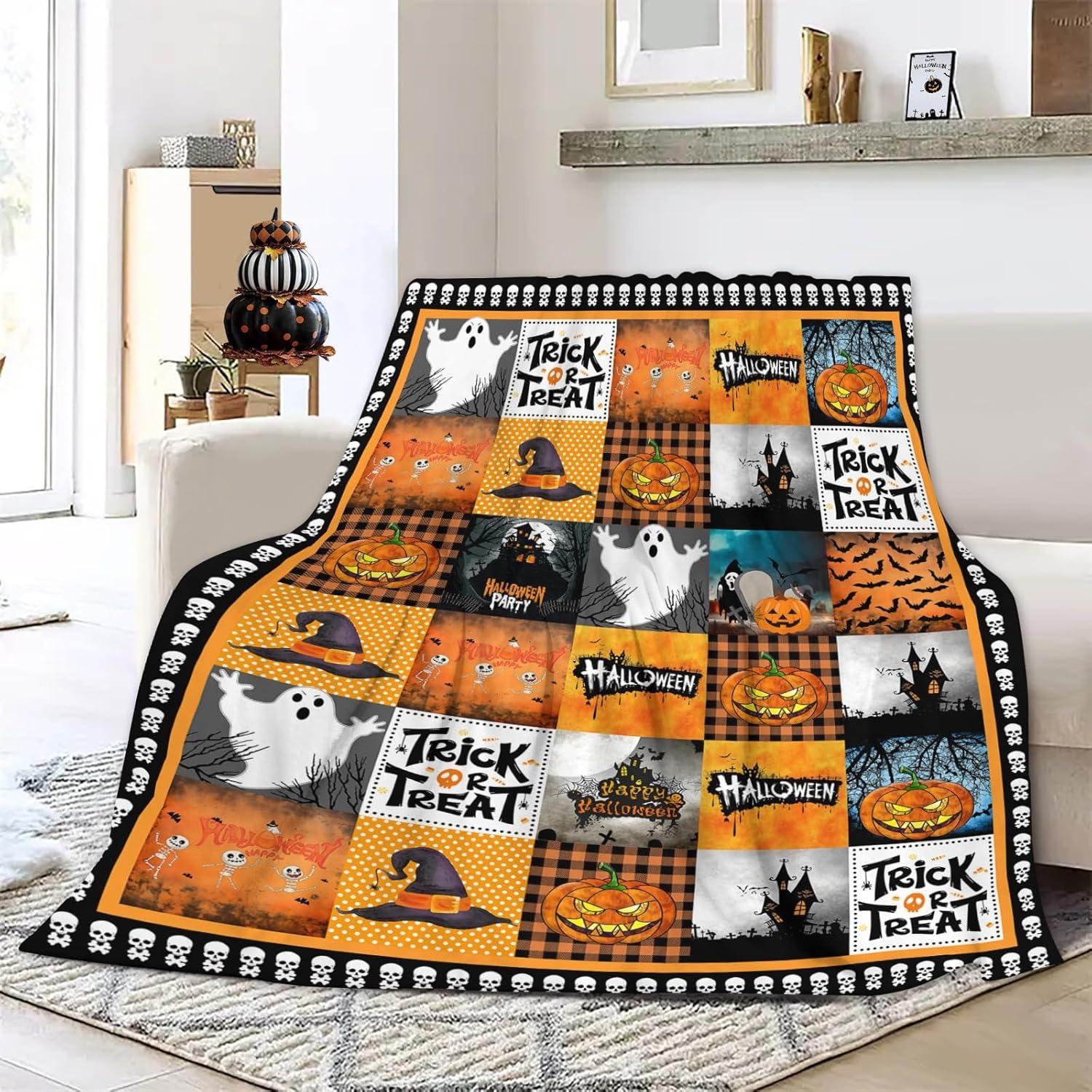 1PC Halloween Theme Throw Blanket Pumpkin Skull Cats Cute Ghost Thin Blanket Gifts for Couch Bed Car Home Camping all season use 75cmx90cm