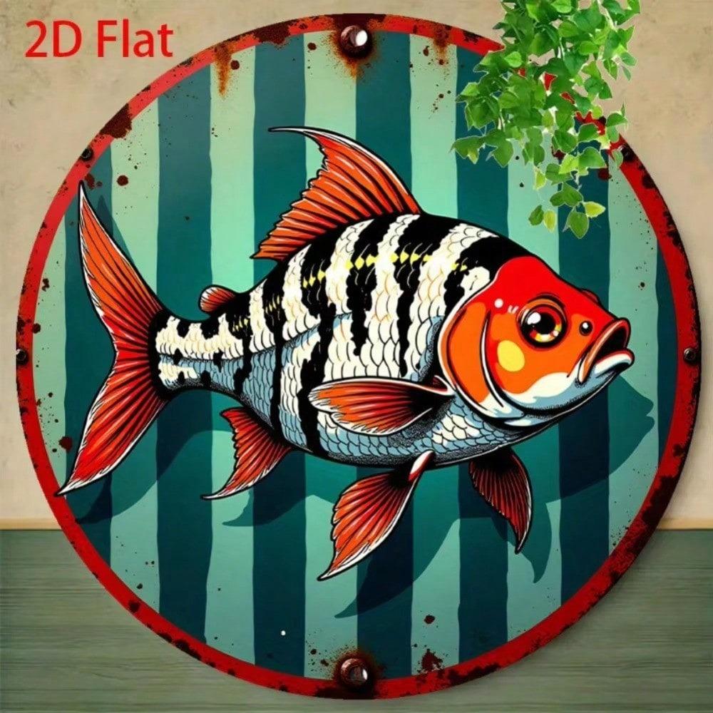 Vintage Blue Green Striped Flat Fish Metal Tin Sign Country Kitchen Retro Decor