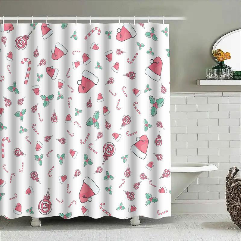 Christmas Candy Cane Santa Hat Printed Shower Curtain for Bathroom Decor Waterproof Fabric with Hooks (White)