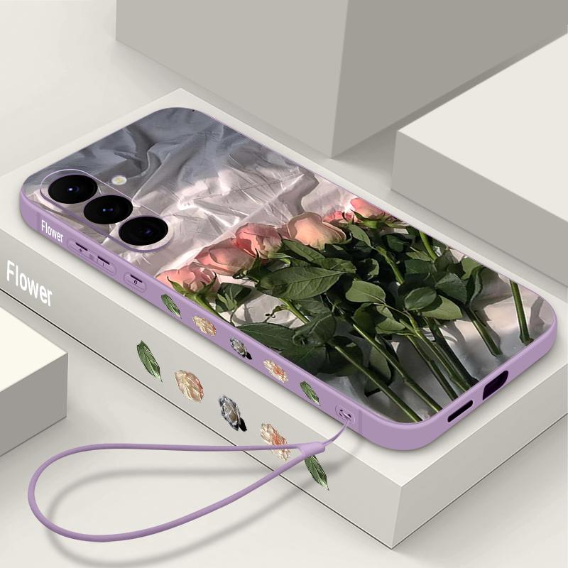 Housse Peinture à l'Huile Fleurs Roses Pour Samsung Galaxy S24 S25 FE S25 S23 S22 Ultra A17 A56 A16 A55 A25 A15 A36 A54 5G Cordon Housse Souple