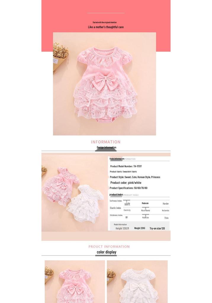 Korean Sweet Summer Multi-layer Mesh Bow Lace Neckline Cotton Baby Outfit (0-1 Year)