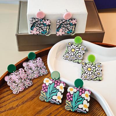 Retro Flower Earrings, Spring Creative Square Wave Sun Flower Daisy Acrylic Earrings For Women