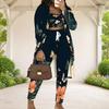 Women Plus Size Butterfly Printed Three Piece Set Long Sleeve Open Front Cardigan Crop Top Long Pants