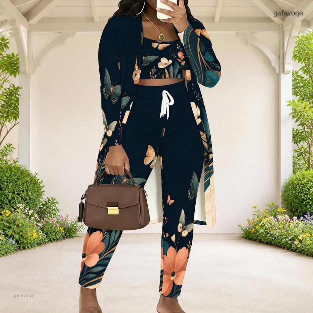 Women Plus Size Butterfly Printed Three Piece Set Long Sleeve Open Front Cardigan Crop Top Long Pants