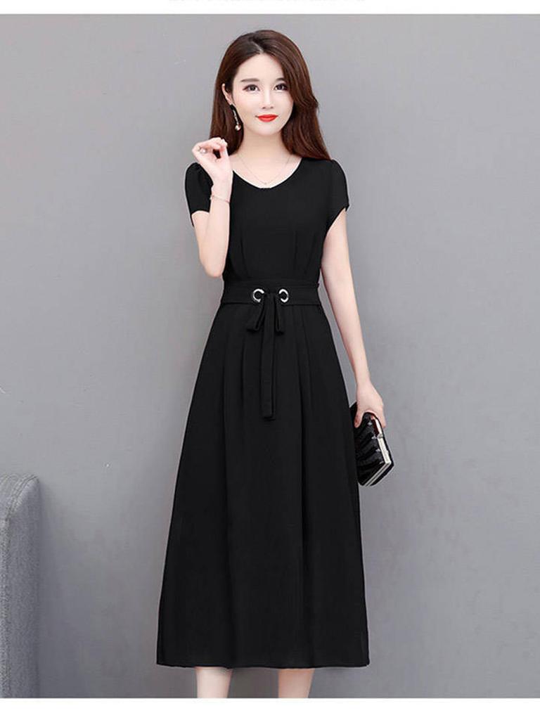Wide Width Maxi Dress for Women - Short Sleeve, Knee Length A-Line Dress with Waist Belt