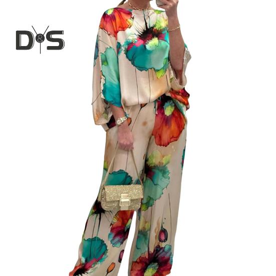 

2 шт./компл. Женский топ и брюки. Яркий цветной цветочный принт. Футболка с рукавами «летучая мышь три четверти» и круглым вырезом. Широкие штанины. Глубокая промежность. Эластичная талия. Свободная повседневная одежда. XL зелёный