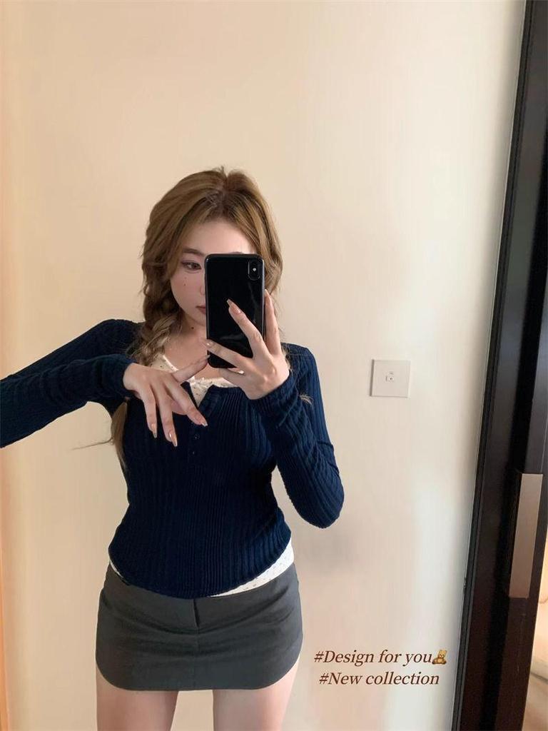 Women's Korean Style Slim-Fit Ribbed T-Shirt: Spicy Girl Half-Open Collar, Long-Sleeved, Autumn/Winter