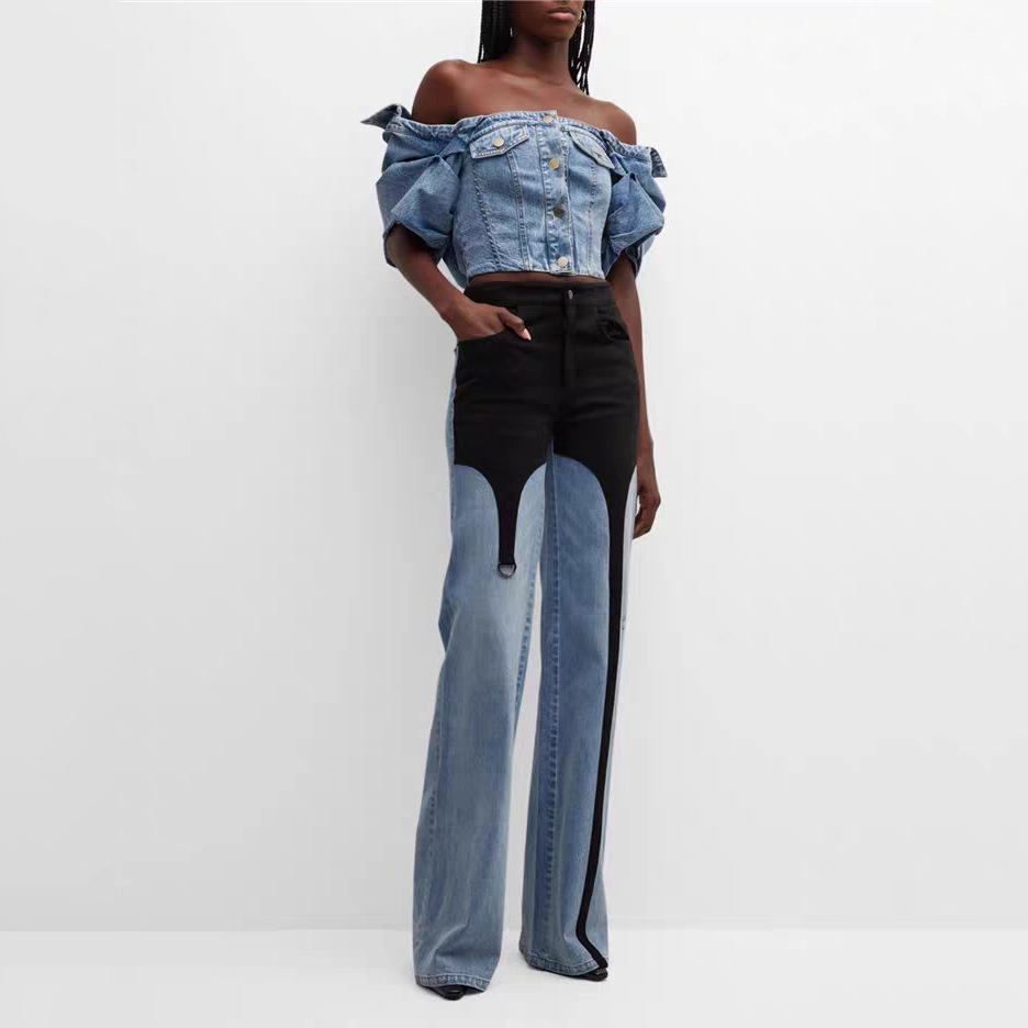 Herbst Europäischer Amerikanischer Stil Schwarz Blau Unregelmäßiger Patchwork Weiter Bein Laufsteg Jeans für Damen