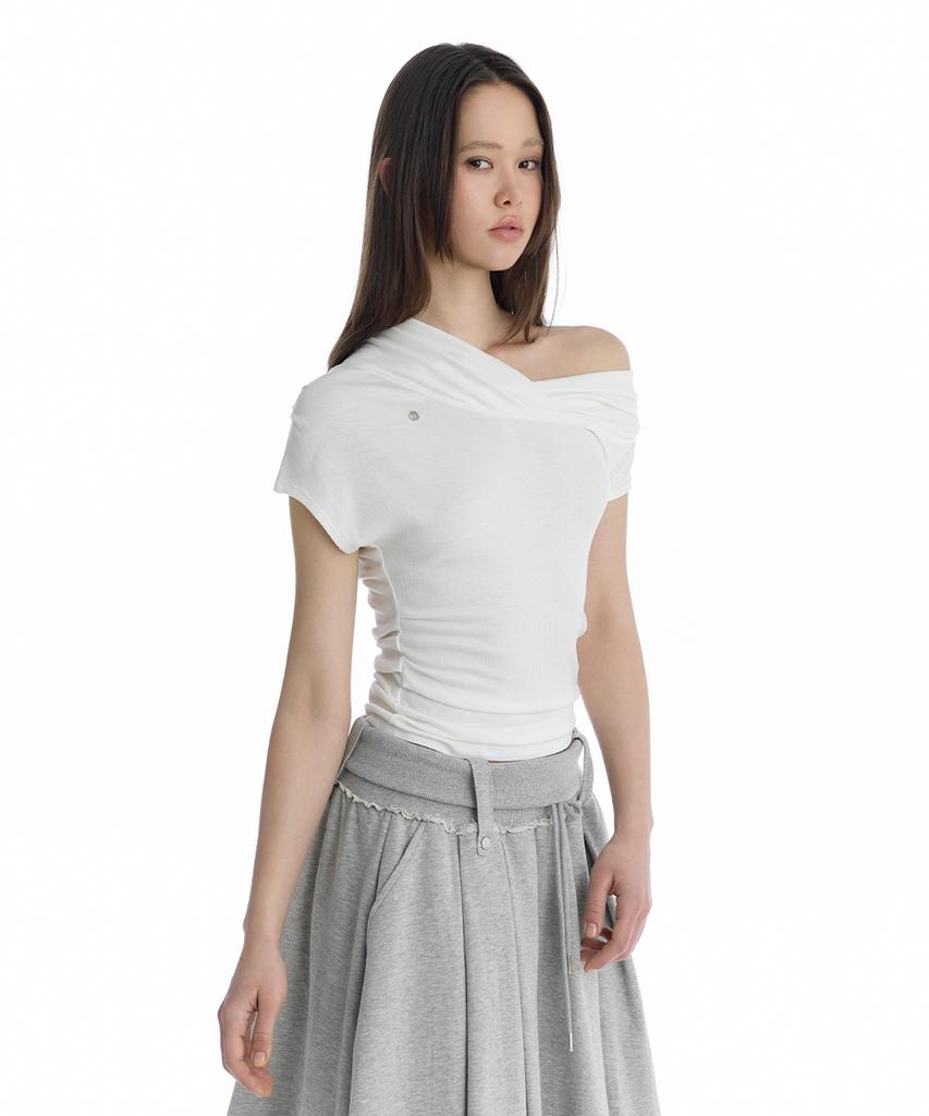 Teulimingbeodeu Asymmetric Draped Off-Shoulder Top [ White ]