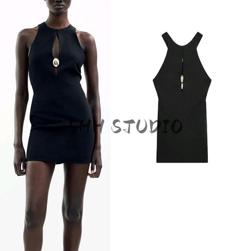 Summer New Product Women's Clothes Sexy Style Round Neck Gold Inlaid Minimalist Sleeveless Mini Dress 2298097