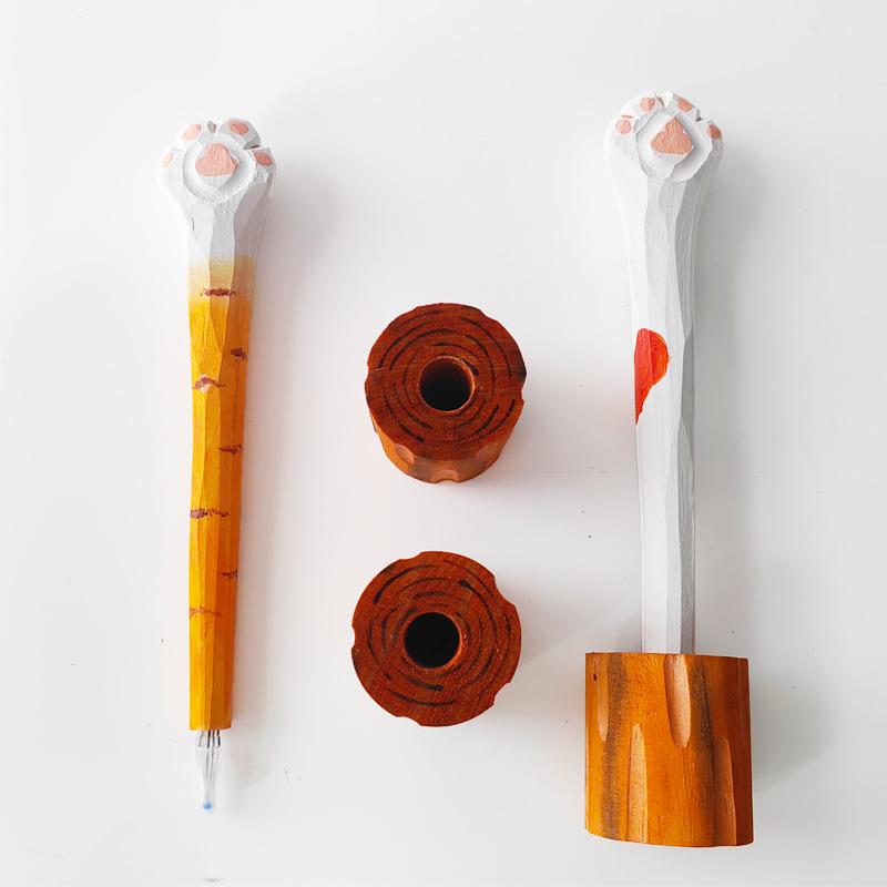 Hand-Carved Solid Wood Cat Paw Ballpoint Pen - Creative Office Gift