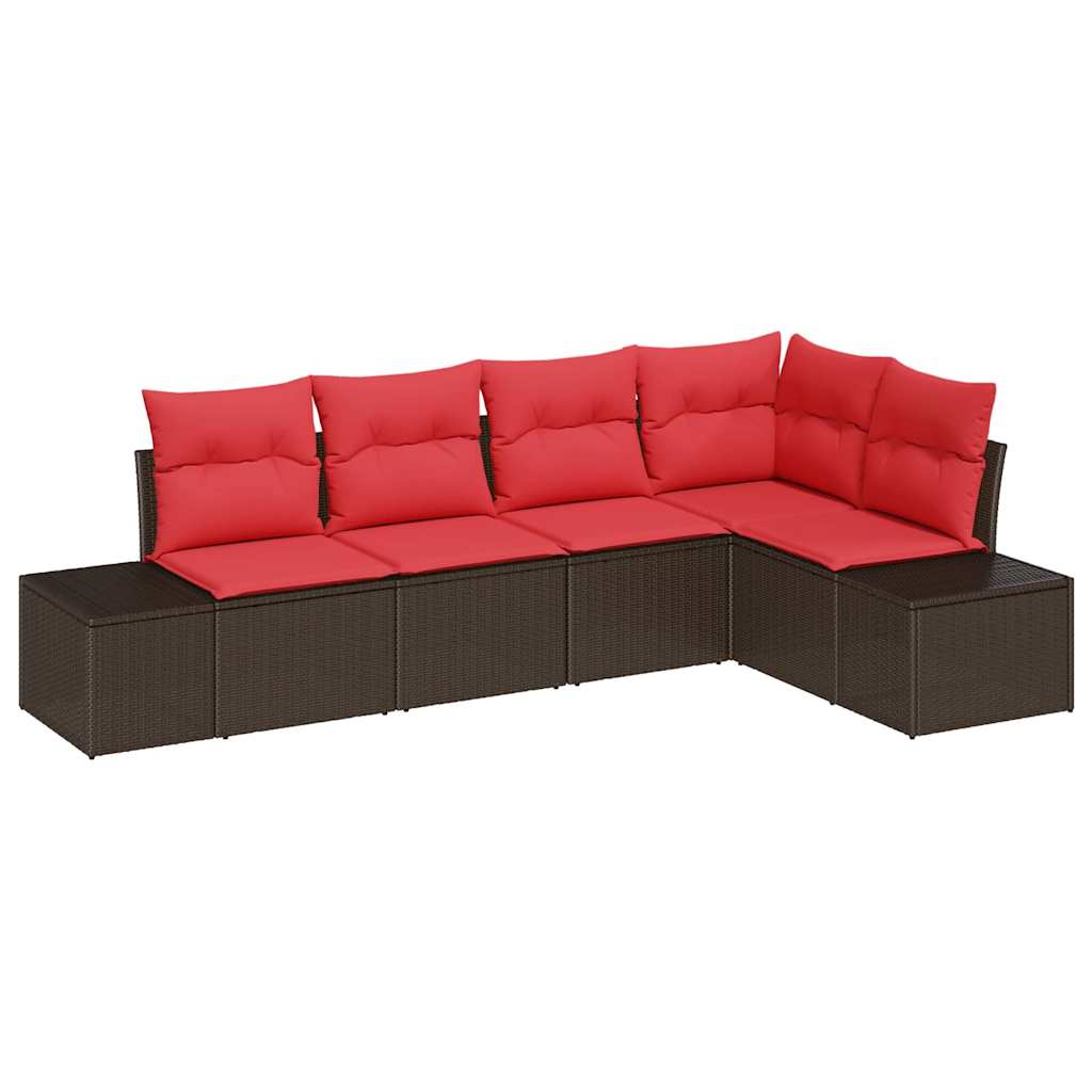 Garden Sofa Set 5 Pieces Brown and Red Poly Rattan