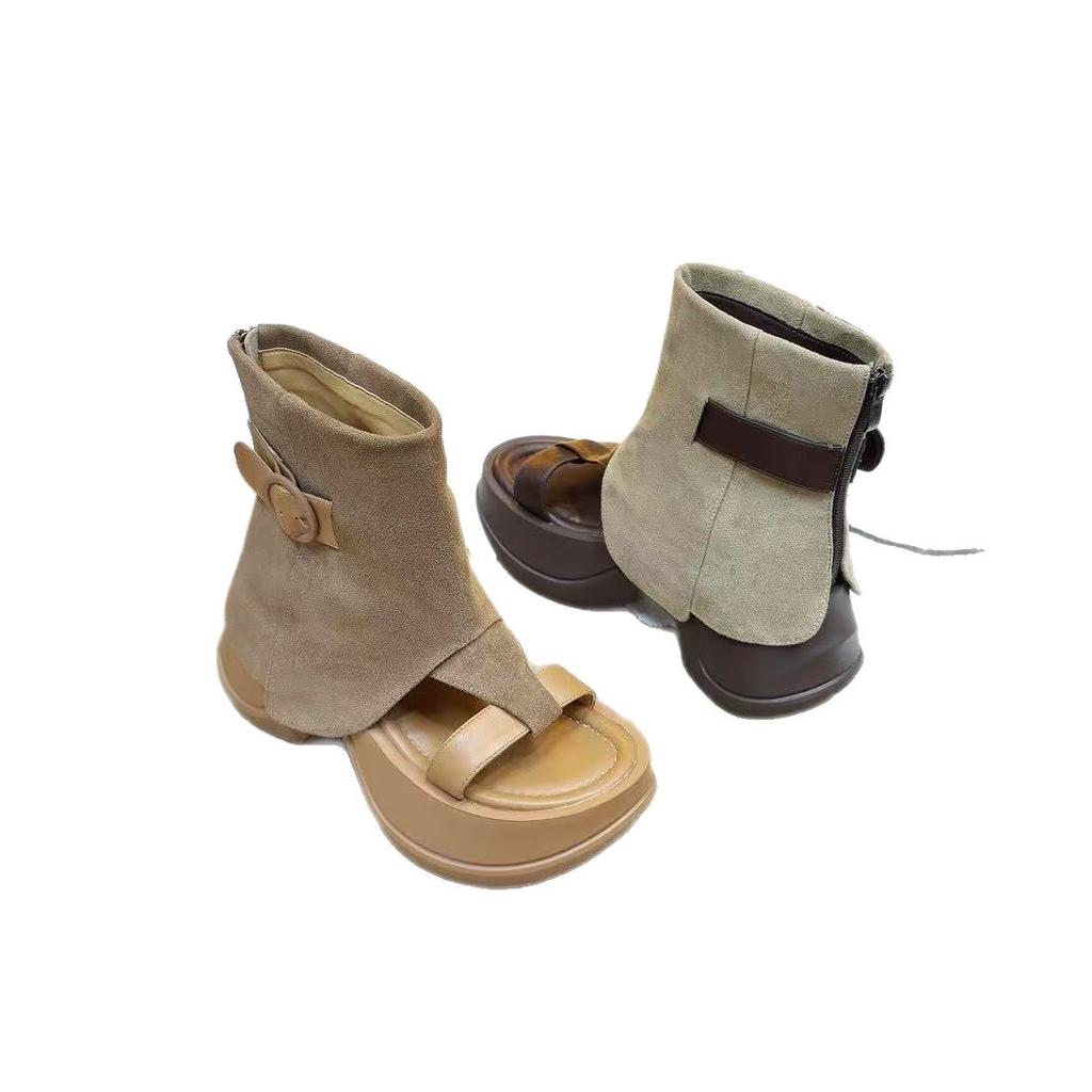 Thick-soled Trousers, Boots, Sandals, Women's 2025 New Summer Sweet and Cool Locomotive + Boots, Toe Roman Shoes, Short Boots.