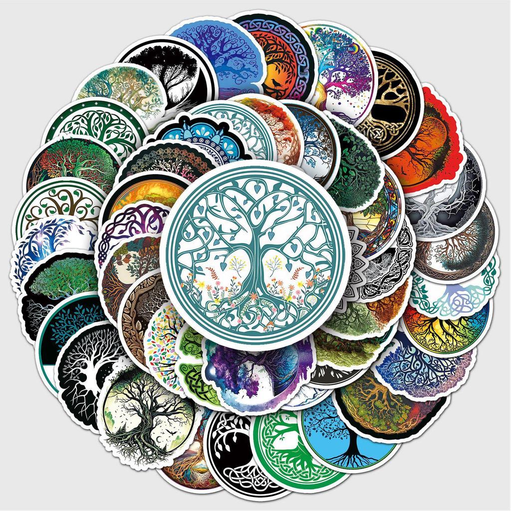 50pcs Tree of Life Graffiti Trend Totem Waterproof Stickers for Water Bottles, Skateboards, and Suitcases