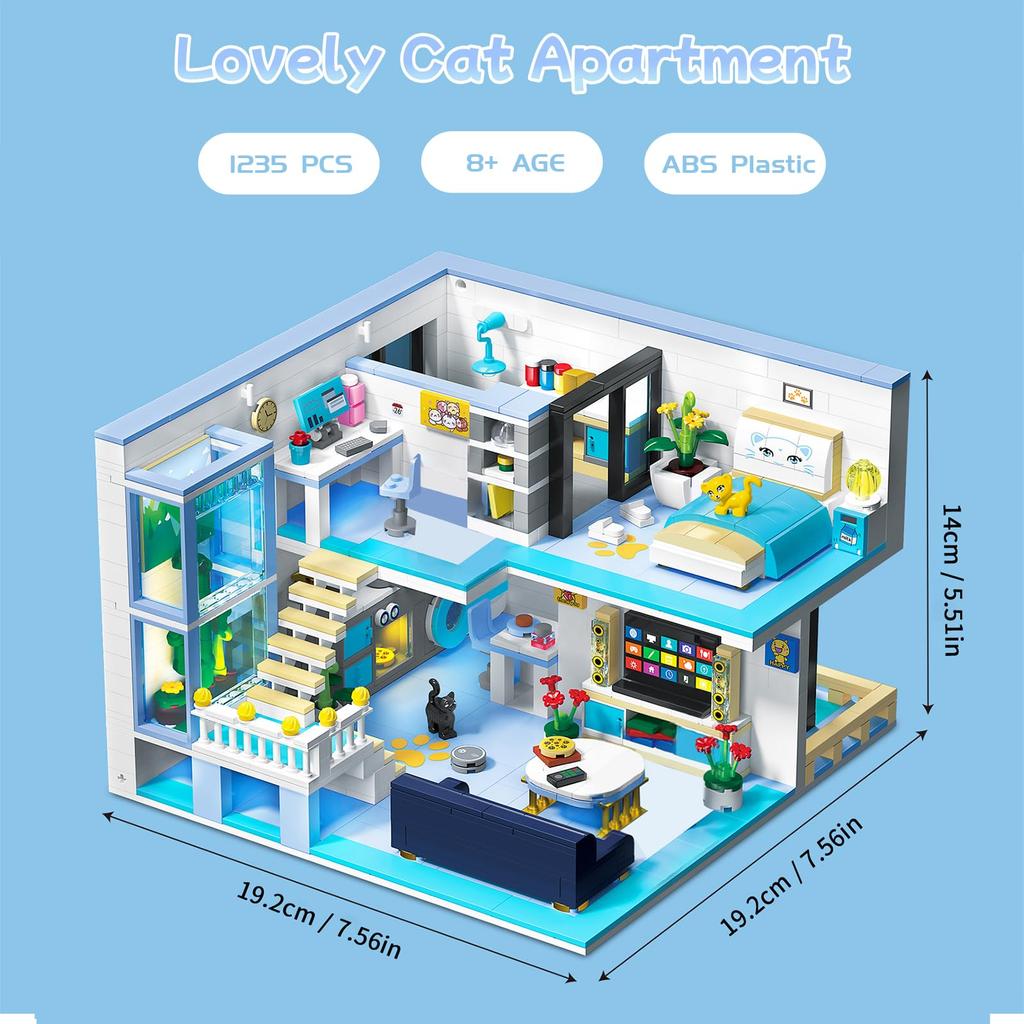 Hallisun Building Blocks Set: Cat Room Model, 3D Puzzle Toy, Miniature House, Mini Size, Brick Blocks, for Adults and Children (8+), Boys and Girls, C