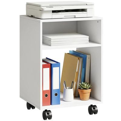 Wooden Printer Stand On Wheels with Brakes and 2 Open Compartments, 40x35x55 Cm, for Office Study, White