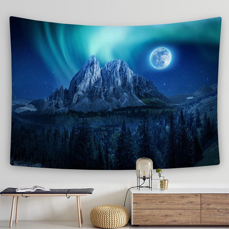 Dreamy Forest Night Scene Aurora Print Pattern Tapestry Home Living Room Bedroom Wall Decor Background Cloth Tapestry