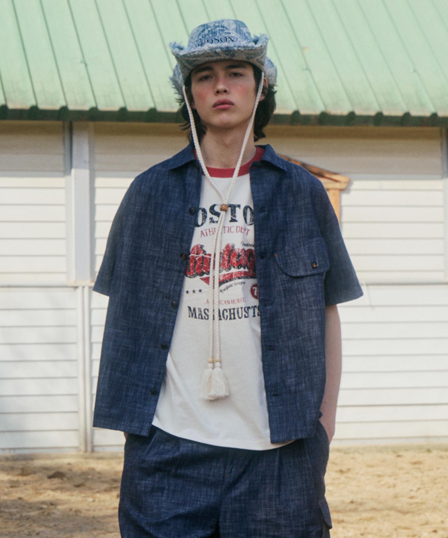 Рубашка Penfield из стираного фактурного денима с открытым воротником_Fr2Wr10U Indigo/S