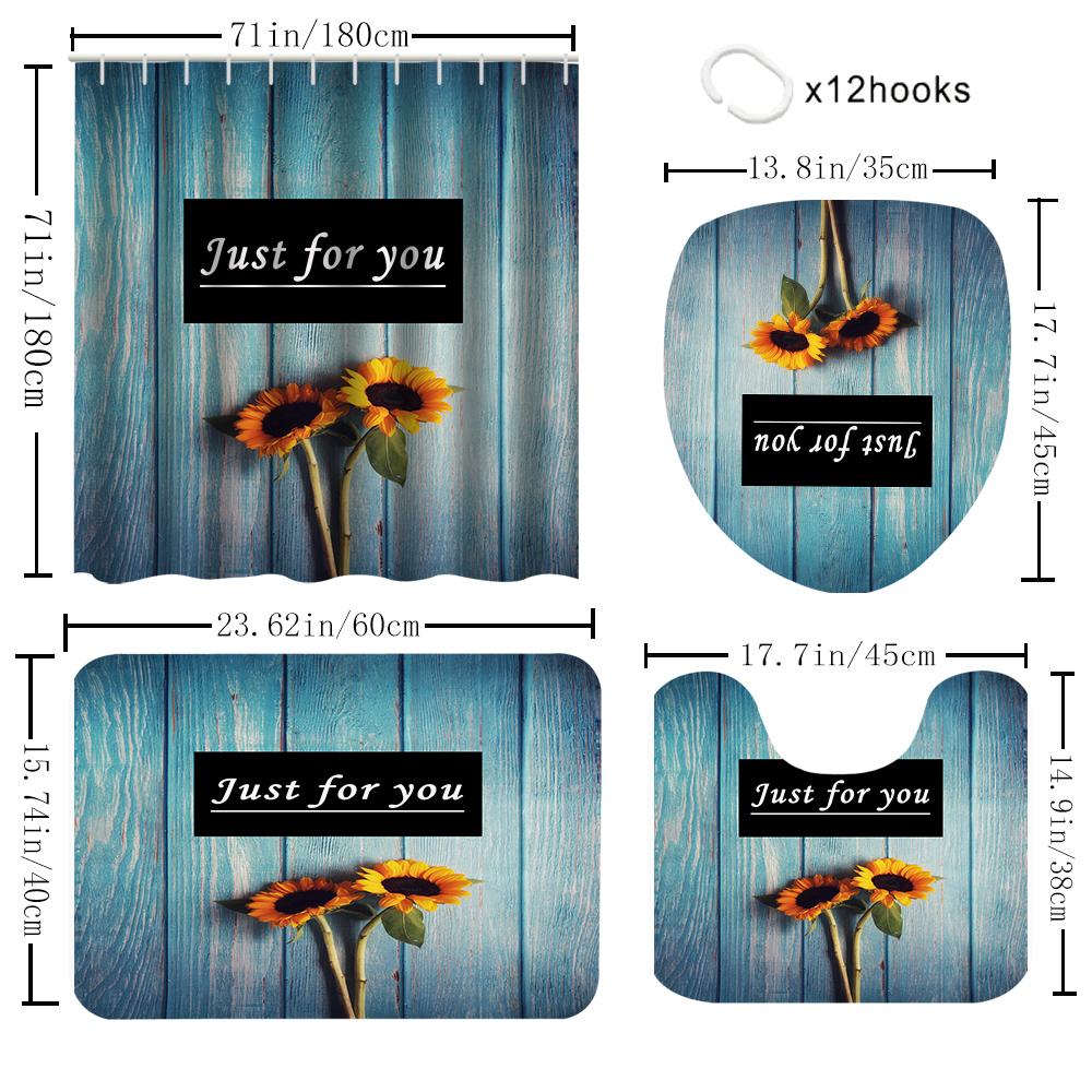 1/4 Wooden Sunflower Shower Curtains, Toilet Seat Decoration, Shower Curtain With Carpet And Toilet Lid, 12 70.8X70.8 Inch Hooks