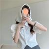 College Chiffon Shirt Women's POLO Neck Short Sleeve Splicing Slim Bubble Sleeve Japan and Korea Commuter Leisure Summer