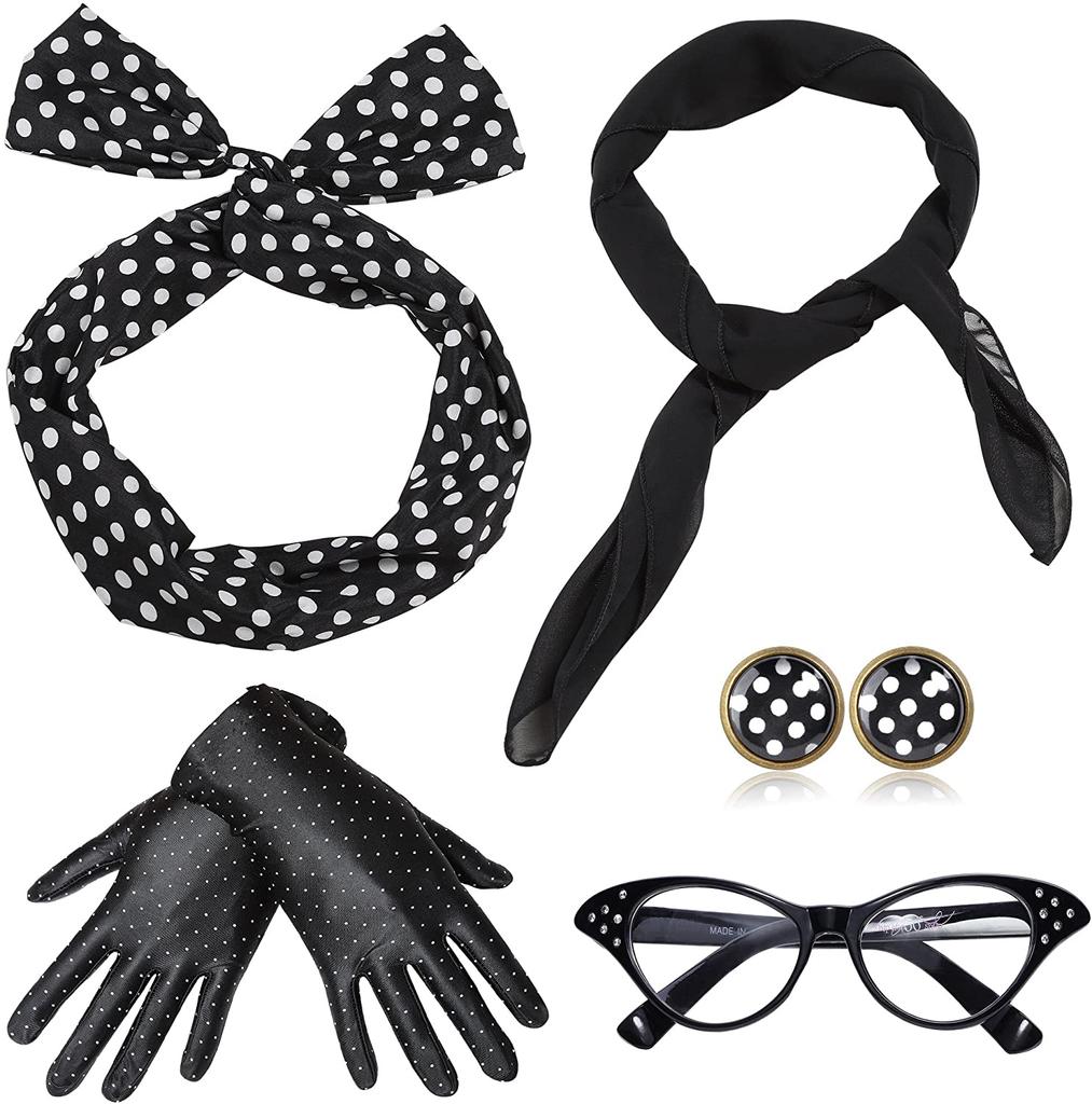 PESENAR 1950s Vintage Style Women's Bachelor Party Palka Dots Hairband Glasses Earrings Gloves 5 Piece Set